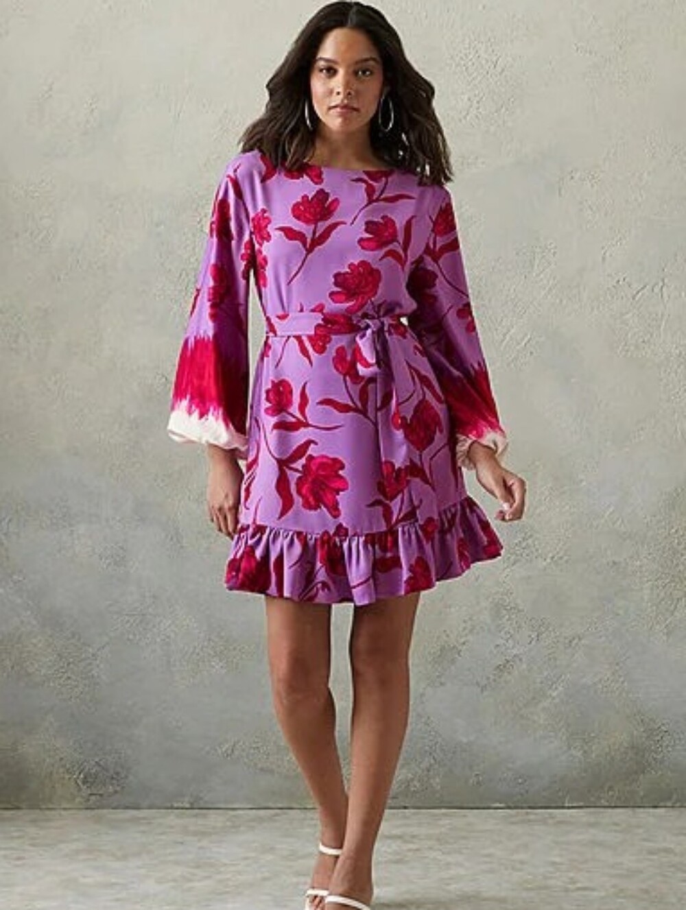 Prabal Gurung Purple & Red Floral Balloon Sleeve Ombre Ruffle Dress ** Medium